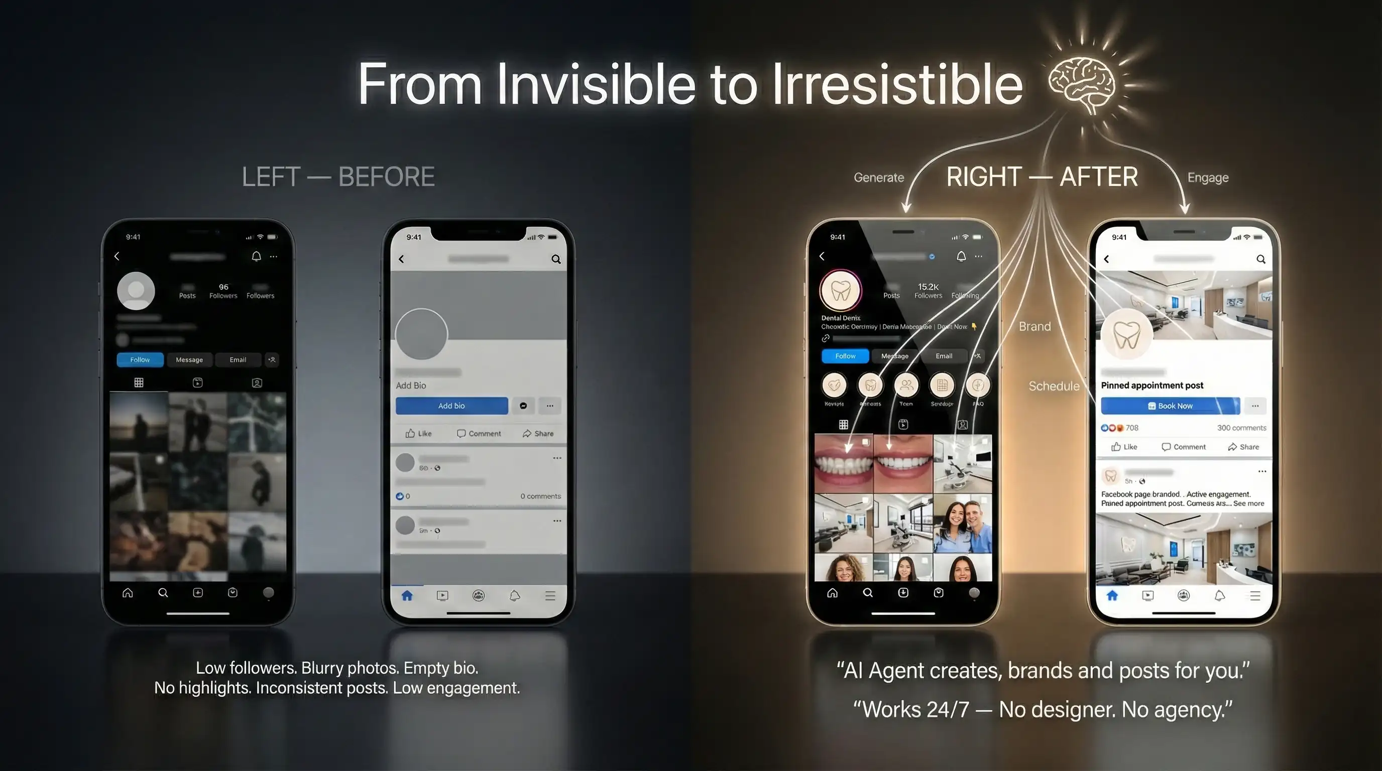 From Invisible to Irresistible — Before and After using Dentora for your dental practice Instagram and Facebook