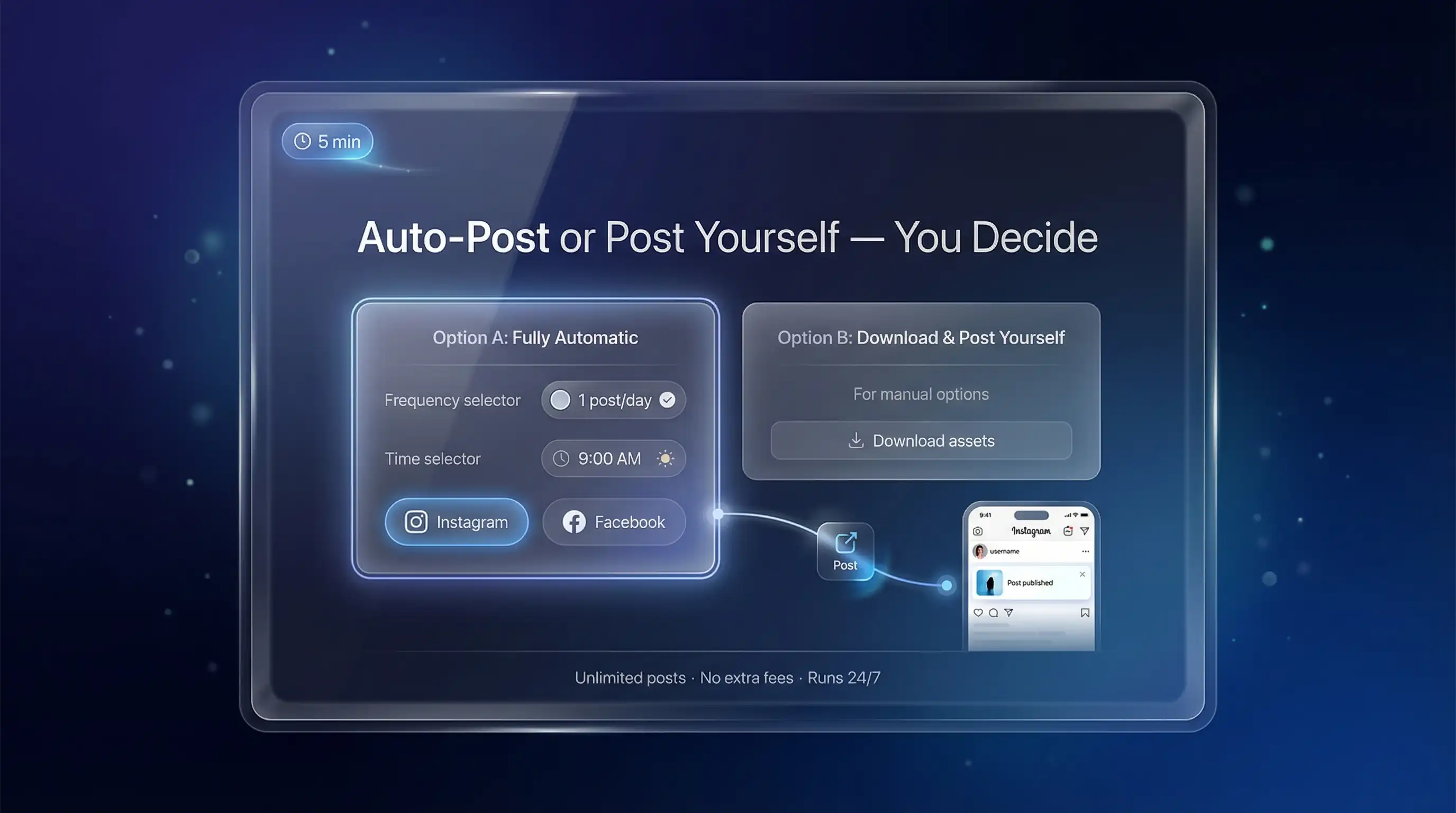 Auto-post or download — frequency, time, Instagram and Facebook